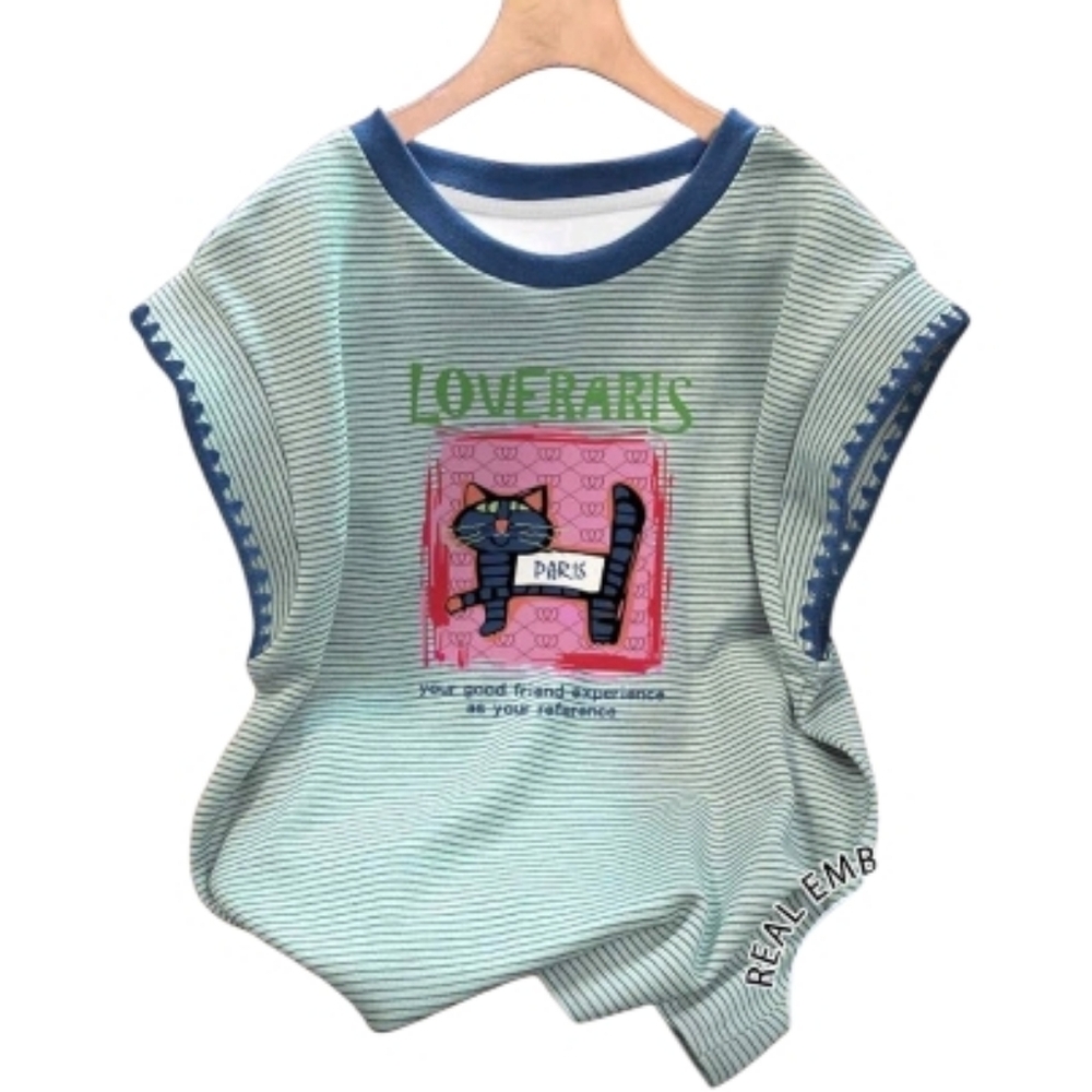 Cute Striped Tee with Cat Graphic - Green & Blue